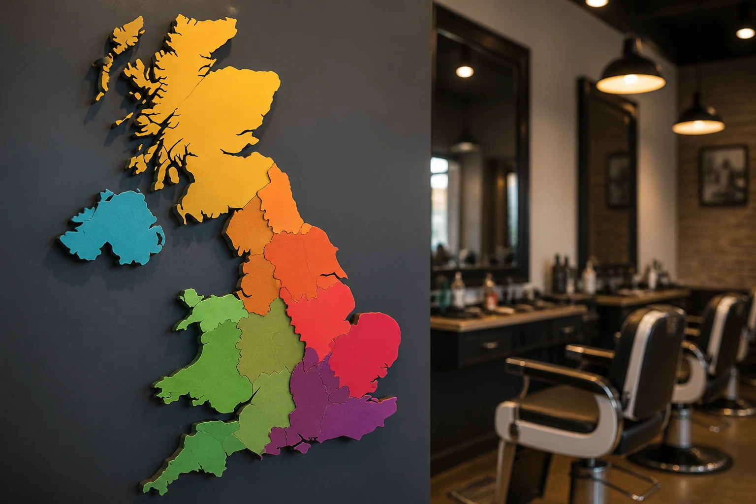 Stylized UK map highlighting regions where barber pay is higher
