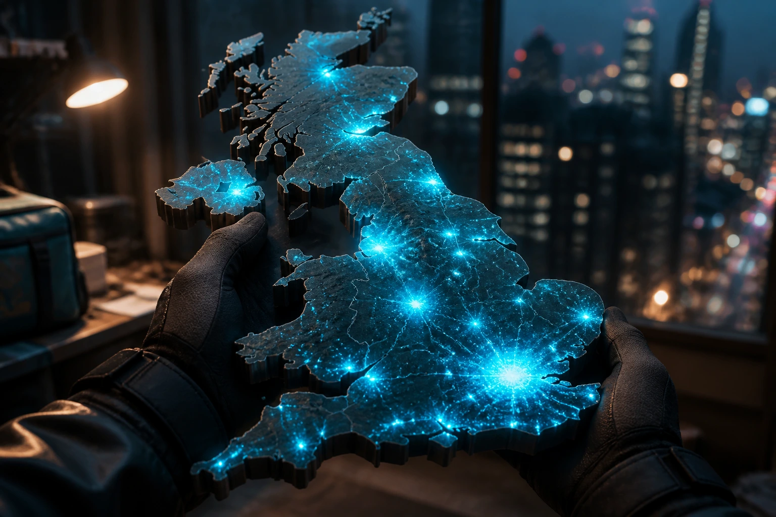 Close-up of a glowing UK map showing bicycle delivery vacancy hotspots