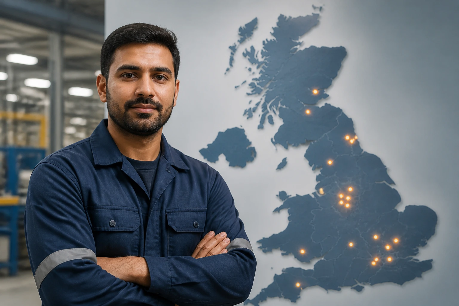 Factory worker in front of a UK map silhouette backdrop indicating regional job availability