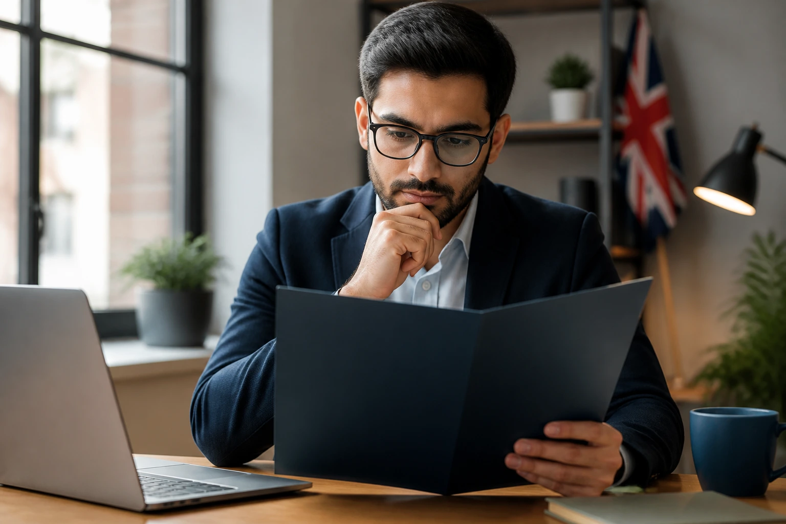 Close-up portrait of a professional with an unmarked resume folder at a desk.
