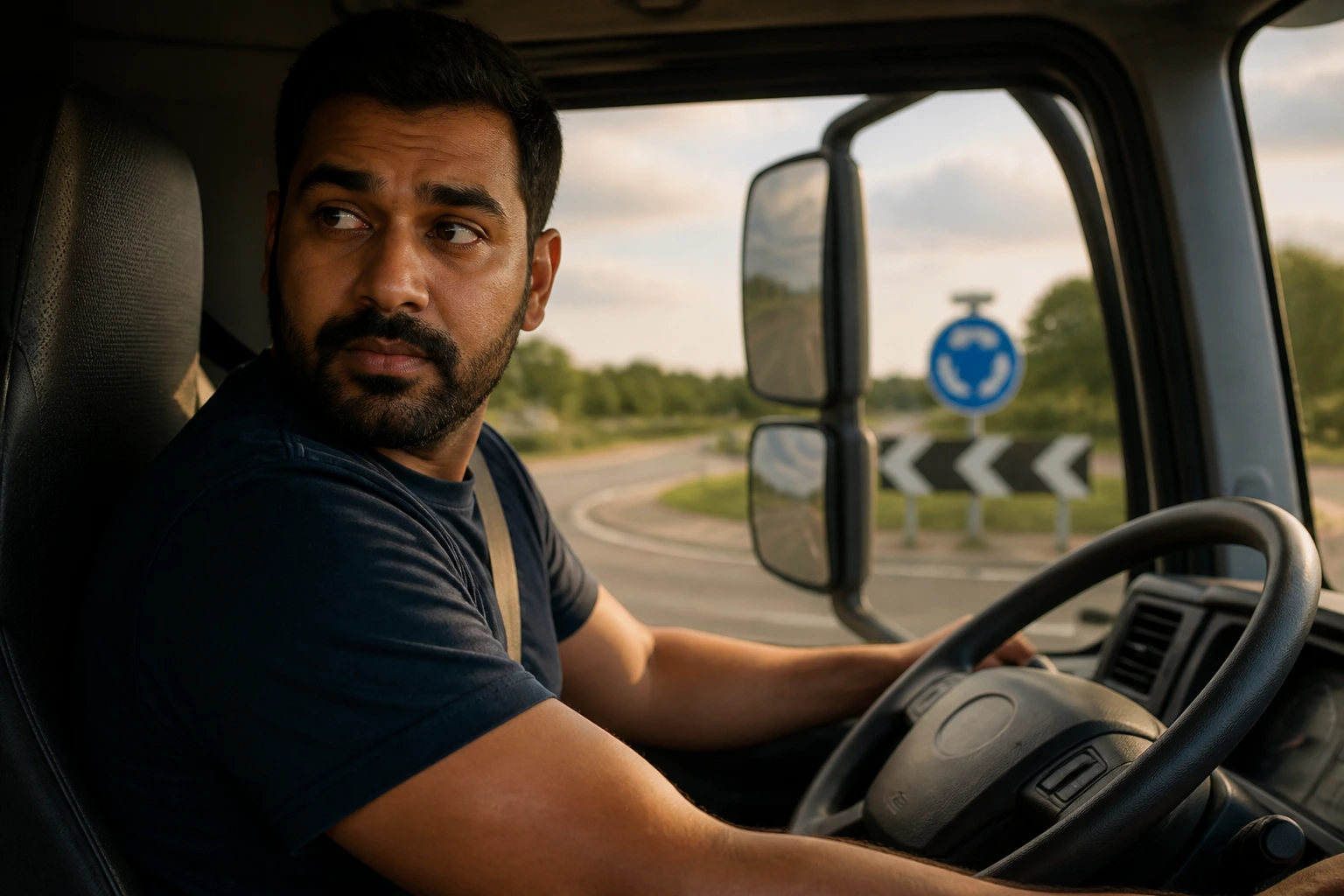 Driver in cab focusing on road with blurred signs indicating rule transition