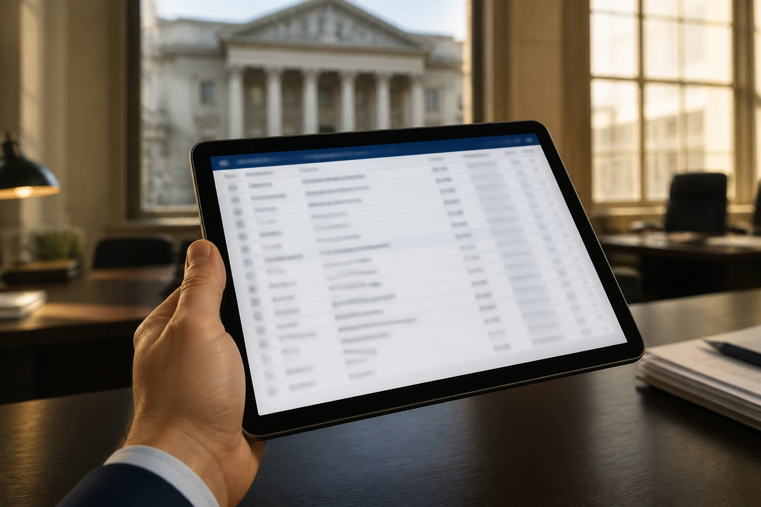 Close-up of hand holding a tablet with a blurred sponsor list in an office