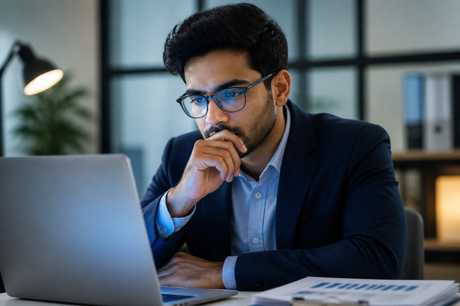 Close-up of a professional in an office reflecting on common pitfalls in visa and job applications