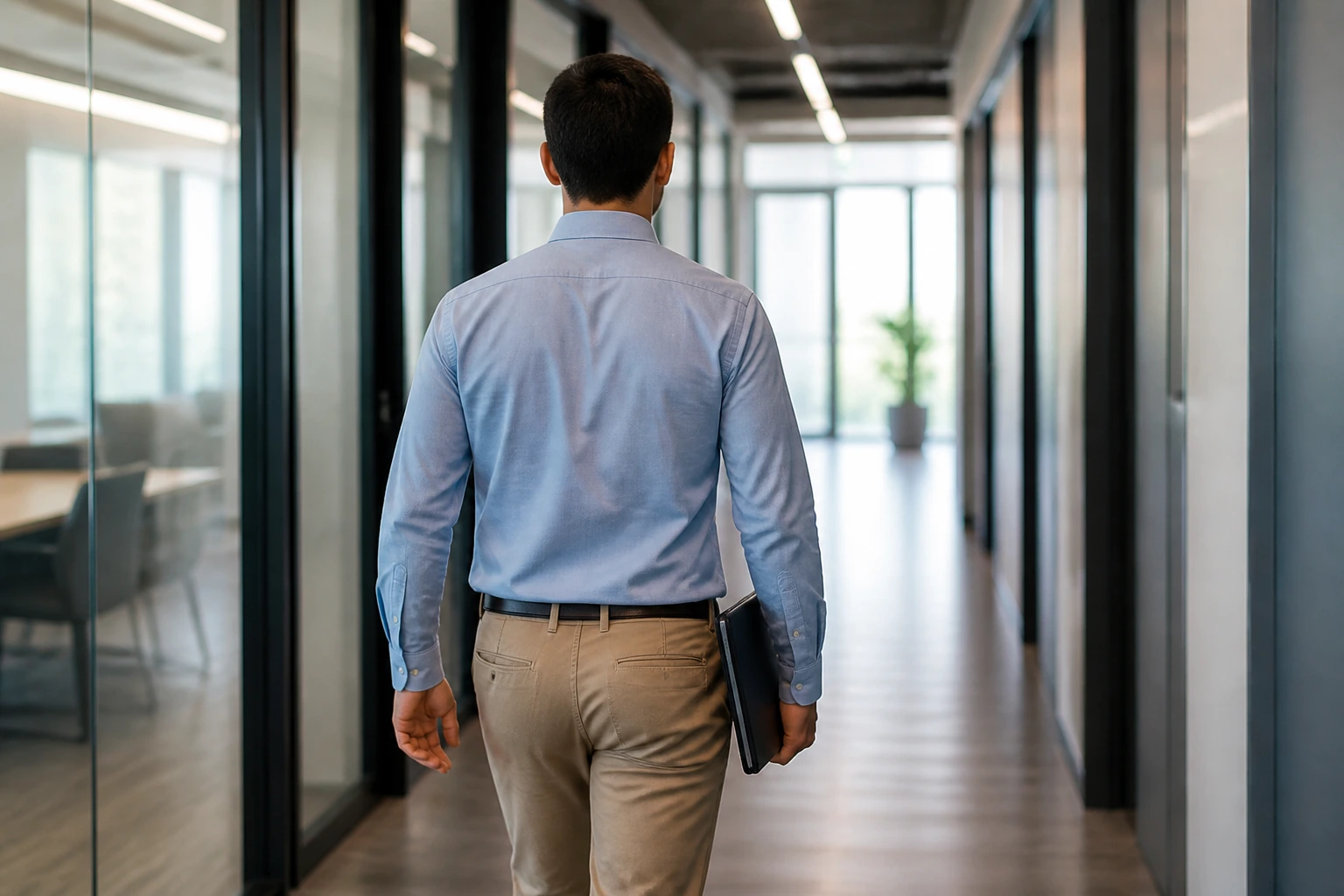 Professional walking along office corridor toward shift start