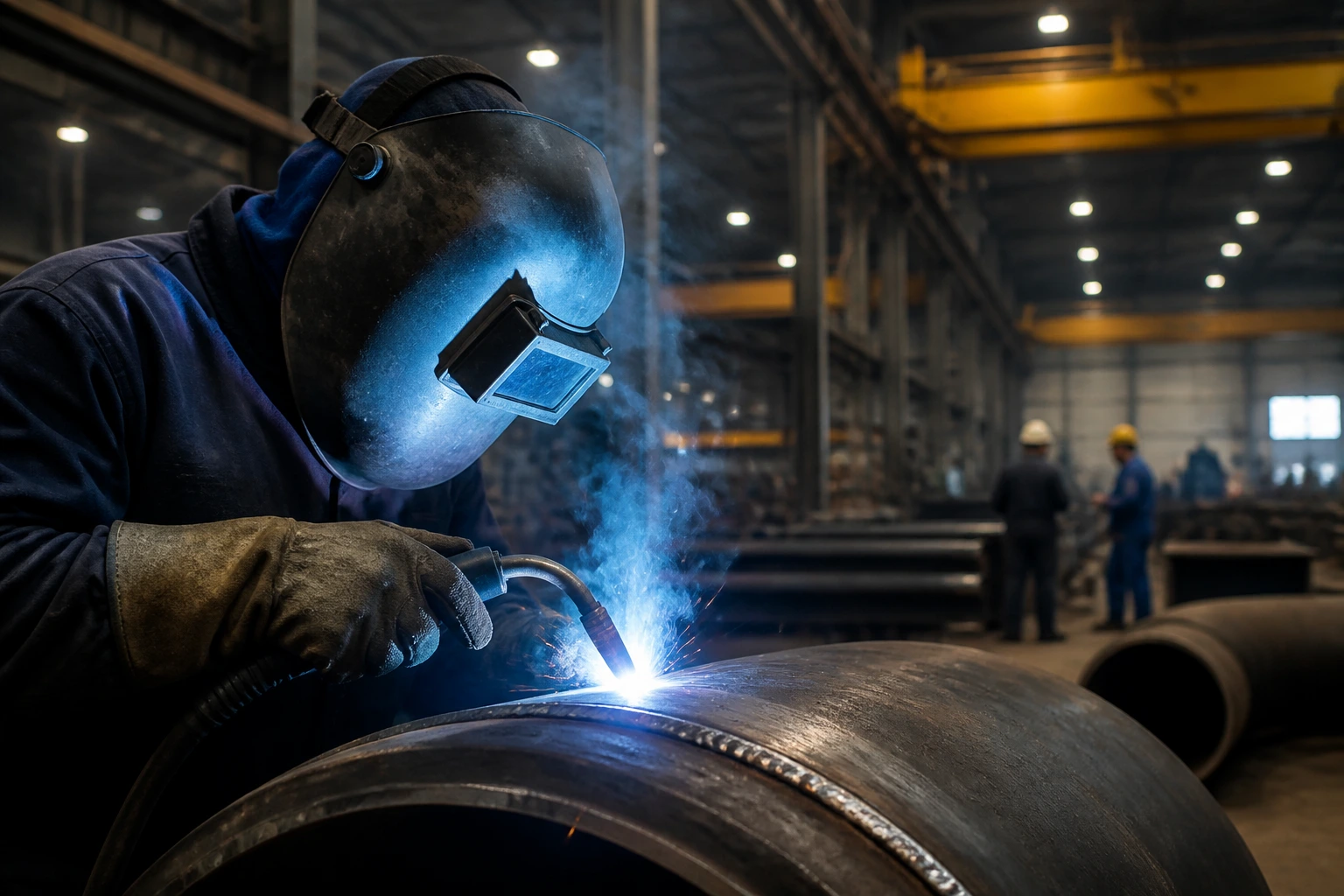 Close-up of a welder in PPE welding in a sparse UK industrial workshop