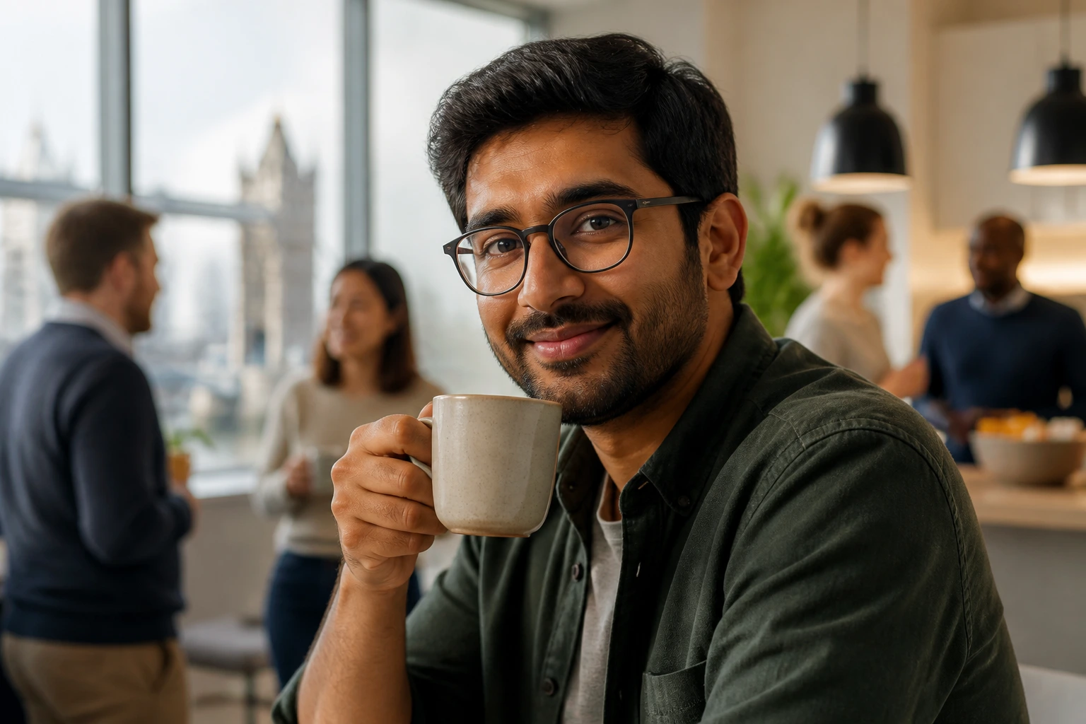 Engineer in UK break area enjoying tea, representing cultural adaptation