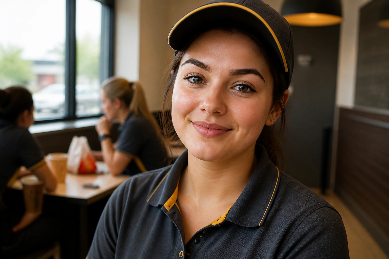 Portrait of a UK fast-food worker in uniform in a staff break room