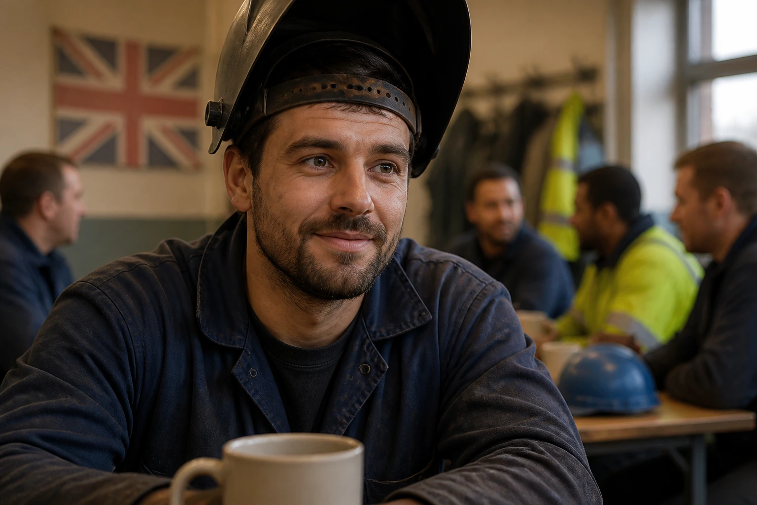 Welder in break room conveying UK workplace culture and safety emphasis; no text