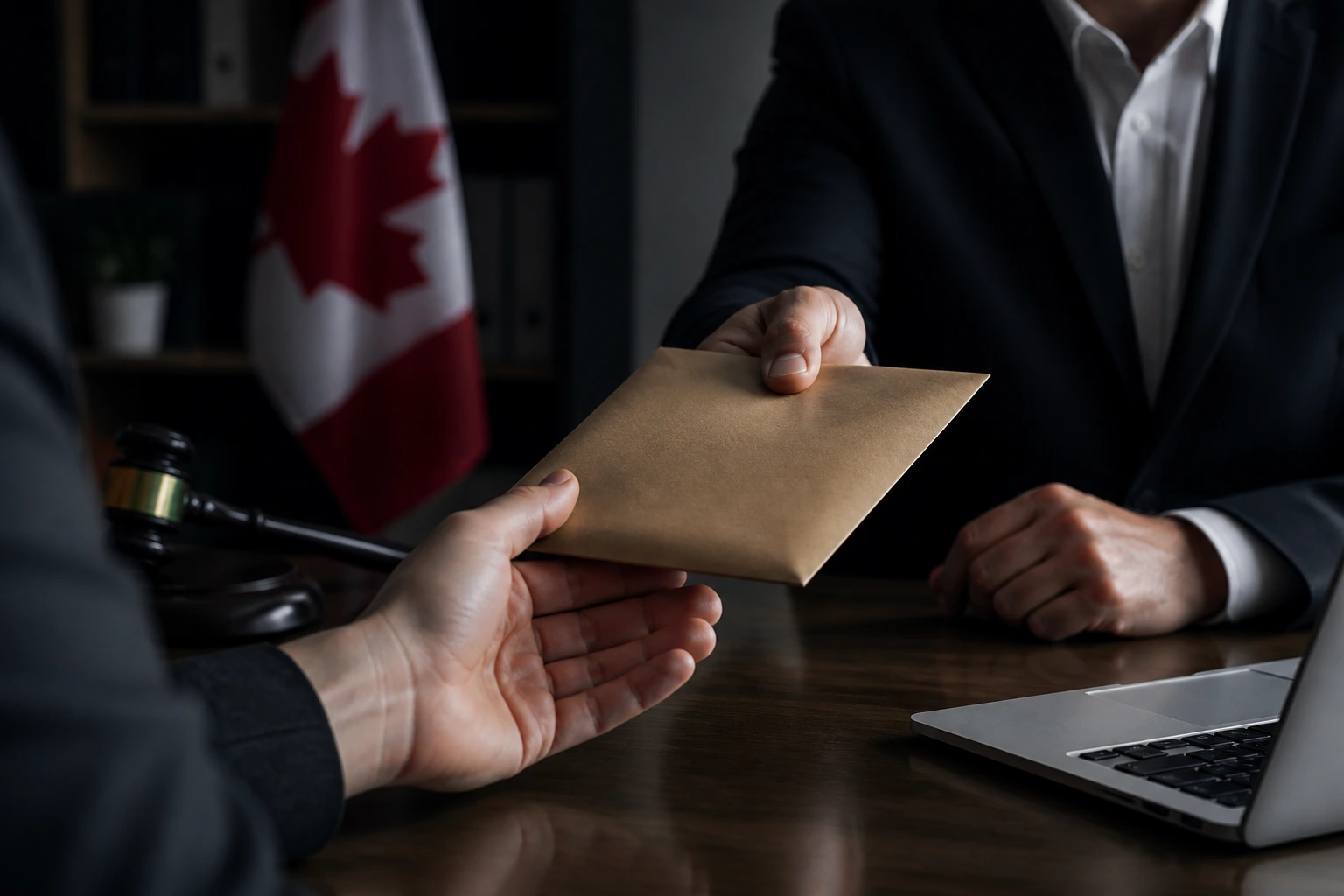 Person handing an envelope across a desk in an office