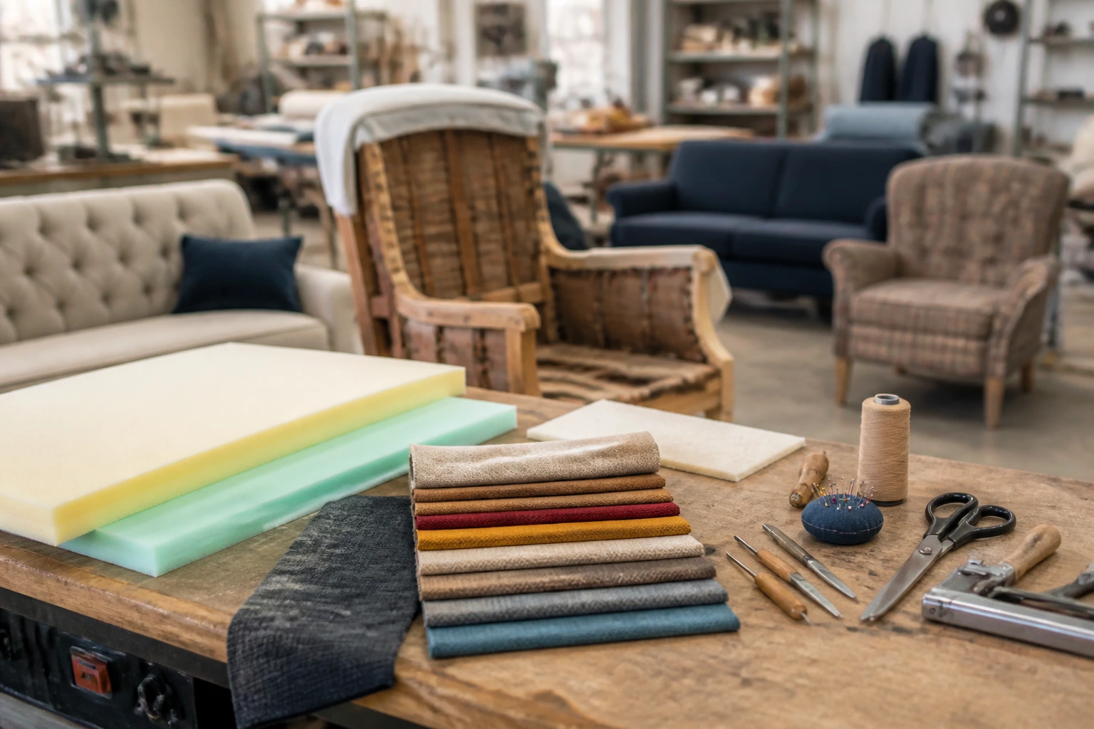 Upholstery bench with foam and fabric in a workshop