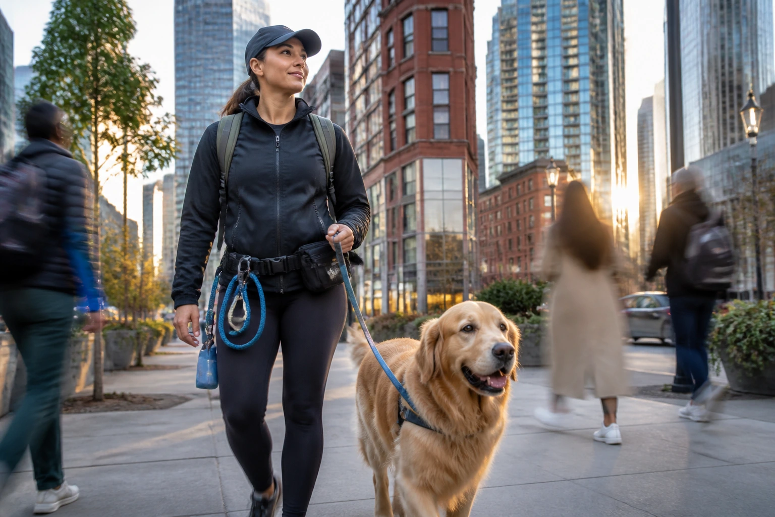 Dog walker on a city sidewalk with tall buildings in background