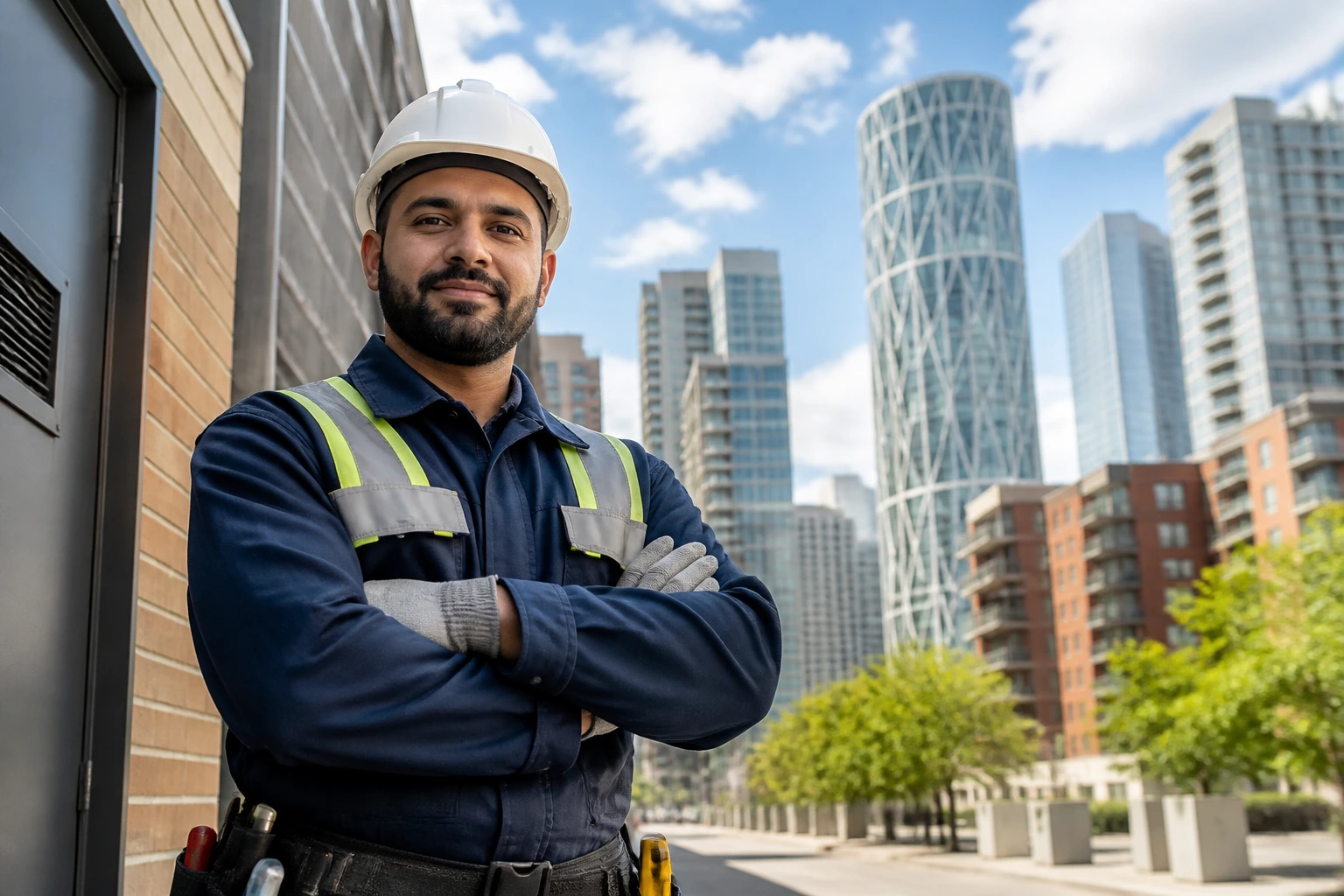 Maintenance worker with city skyline in background representing steady demand in urban areas