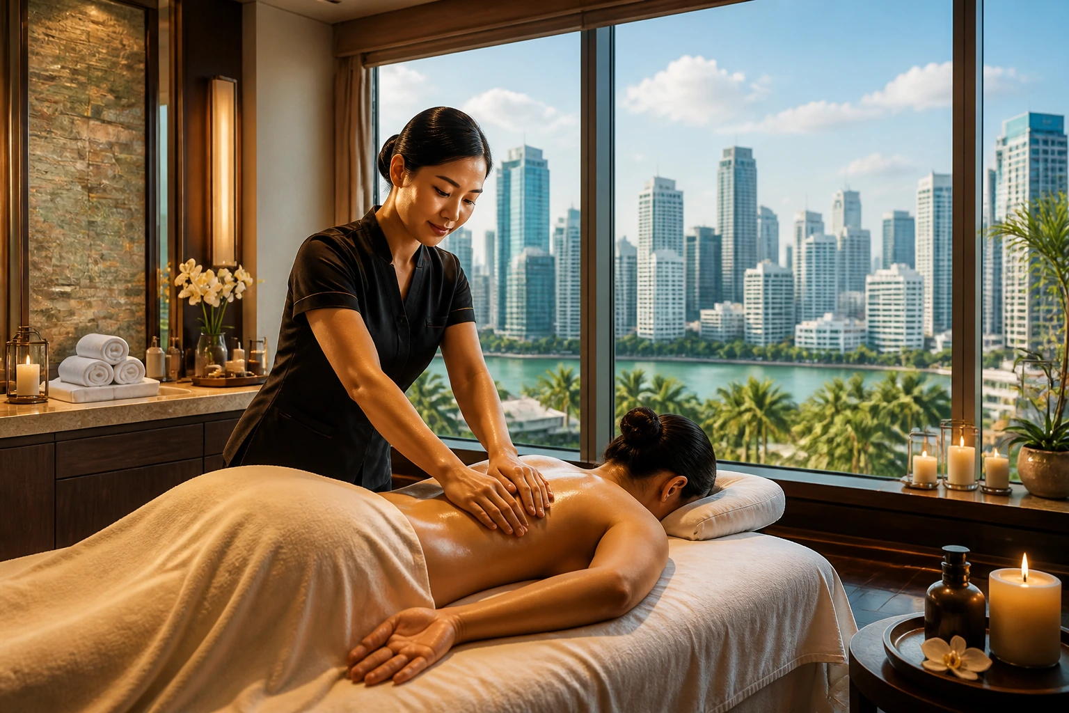 Massage therapist in a resort spa with city skyline visible through window
