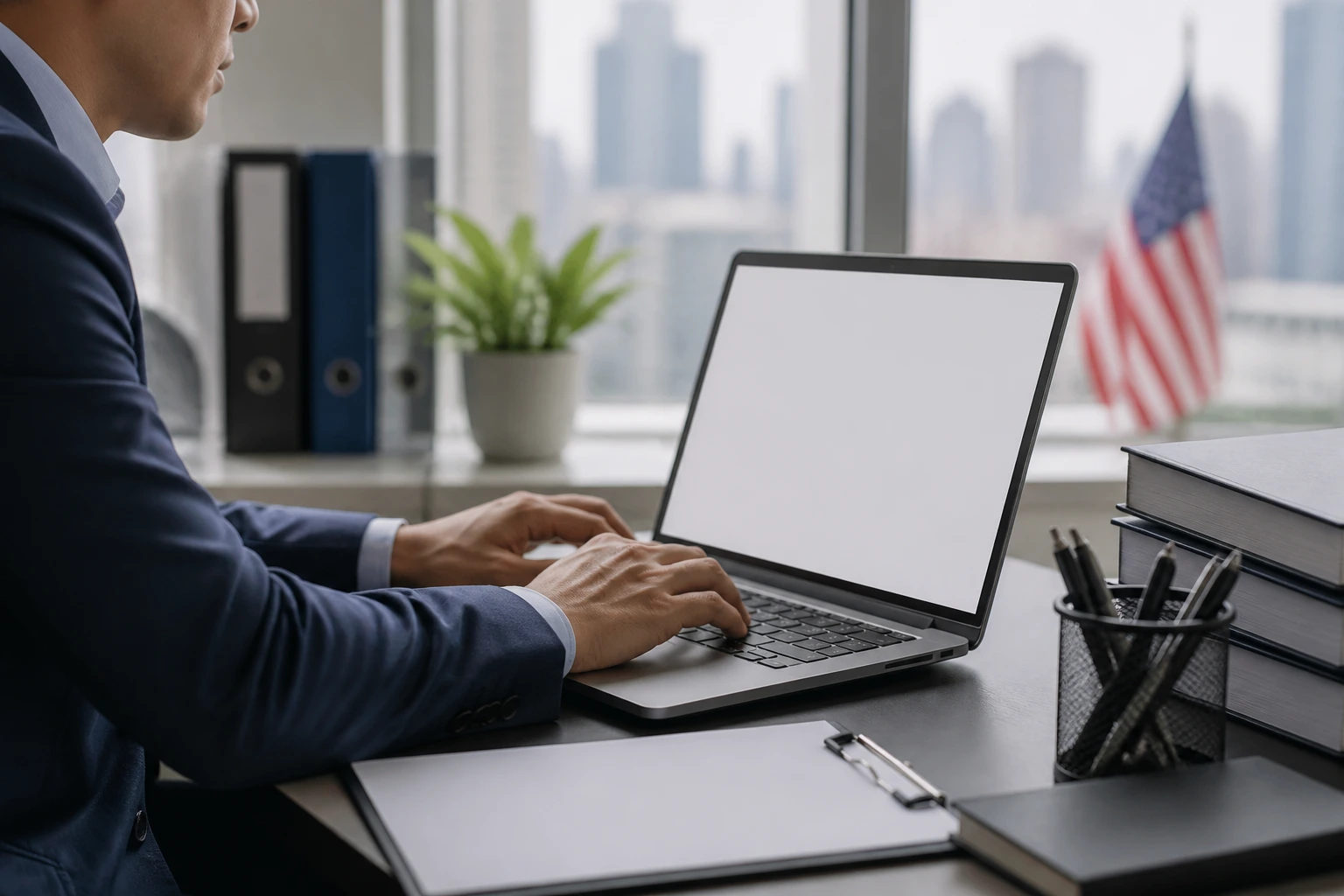 Professional refining a resume on a laptop with a blank screen