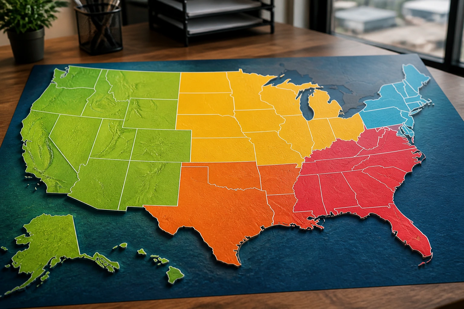 Color-coded map of the U.S. highlighting regional hiring areas on a desk