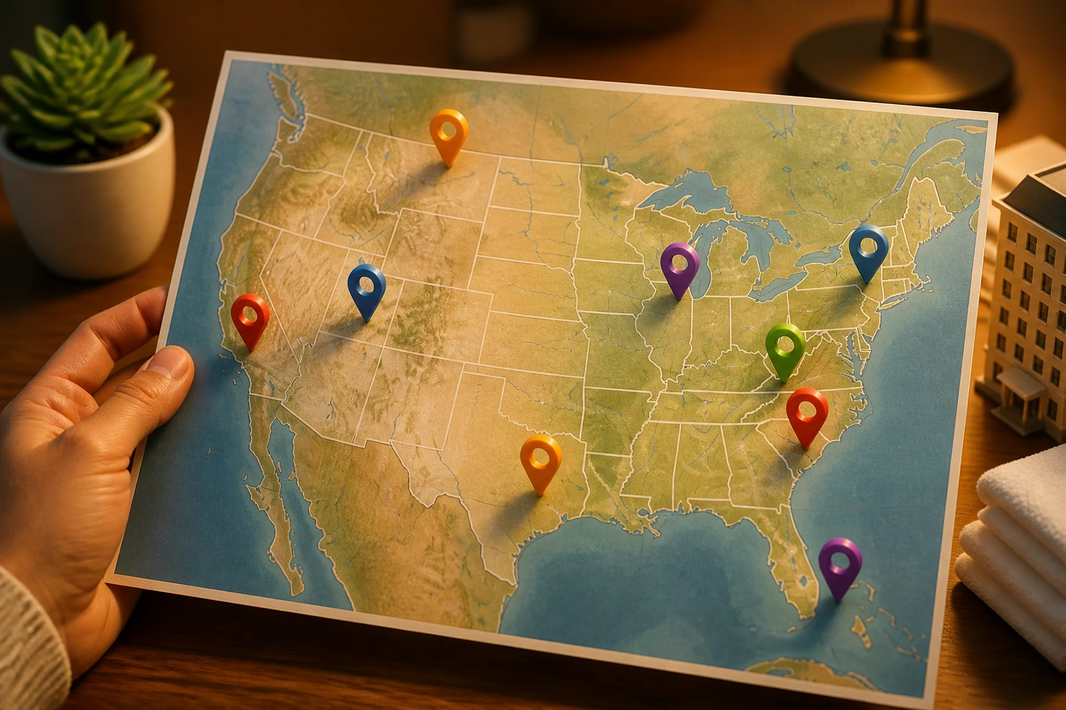 Close-up of a stylized USA map with location pins indicating job sources, no text visible