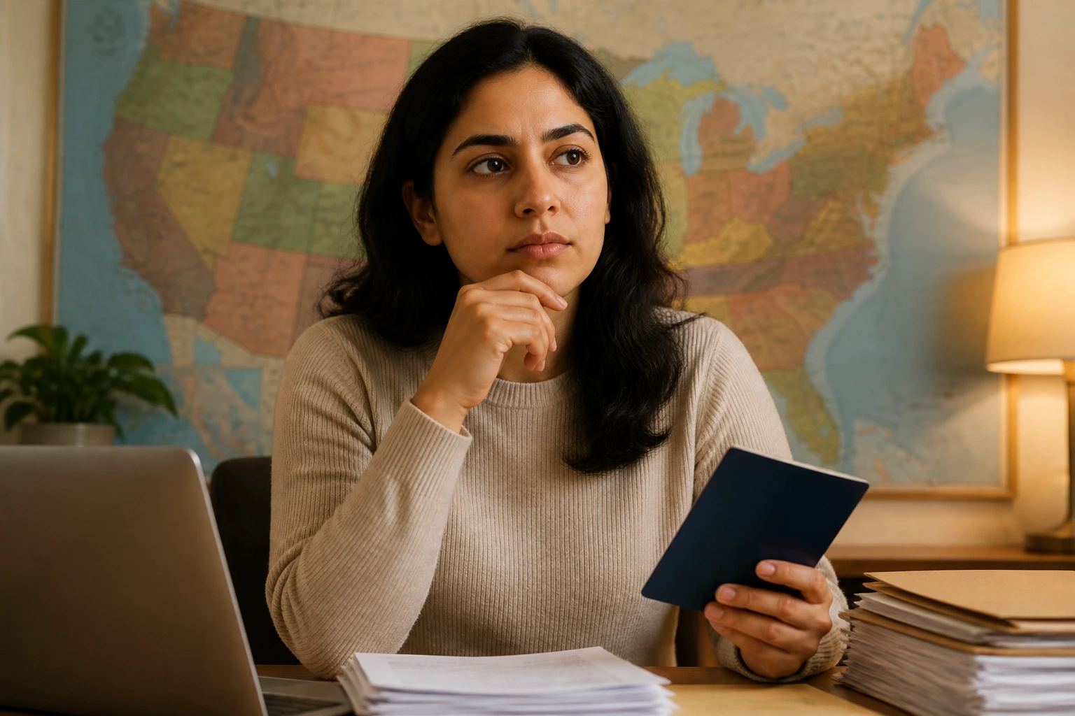 Person weighing visa options with US map on wall behind.