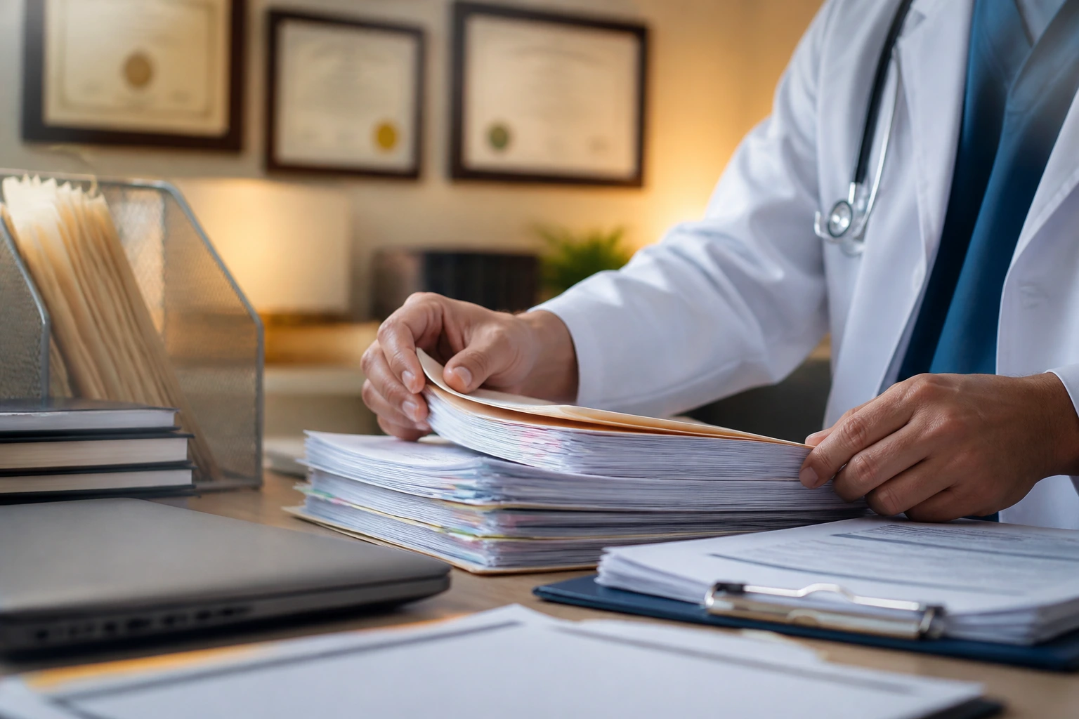 Physician handling credential documents