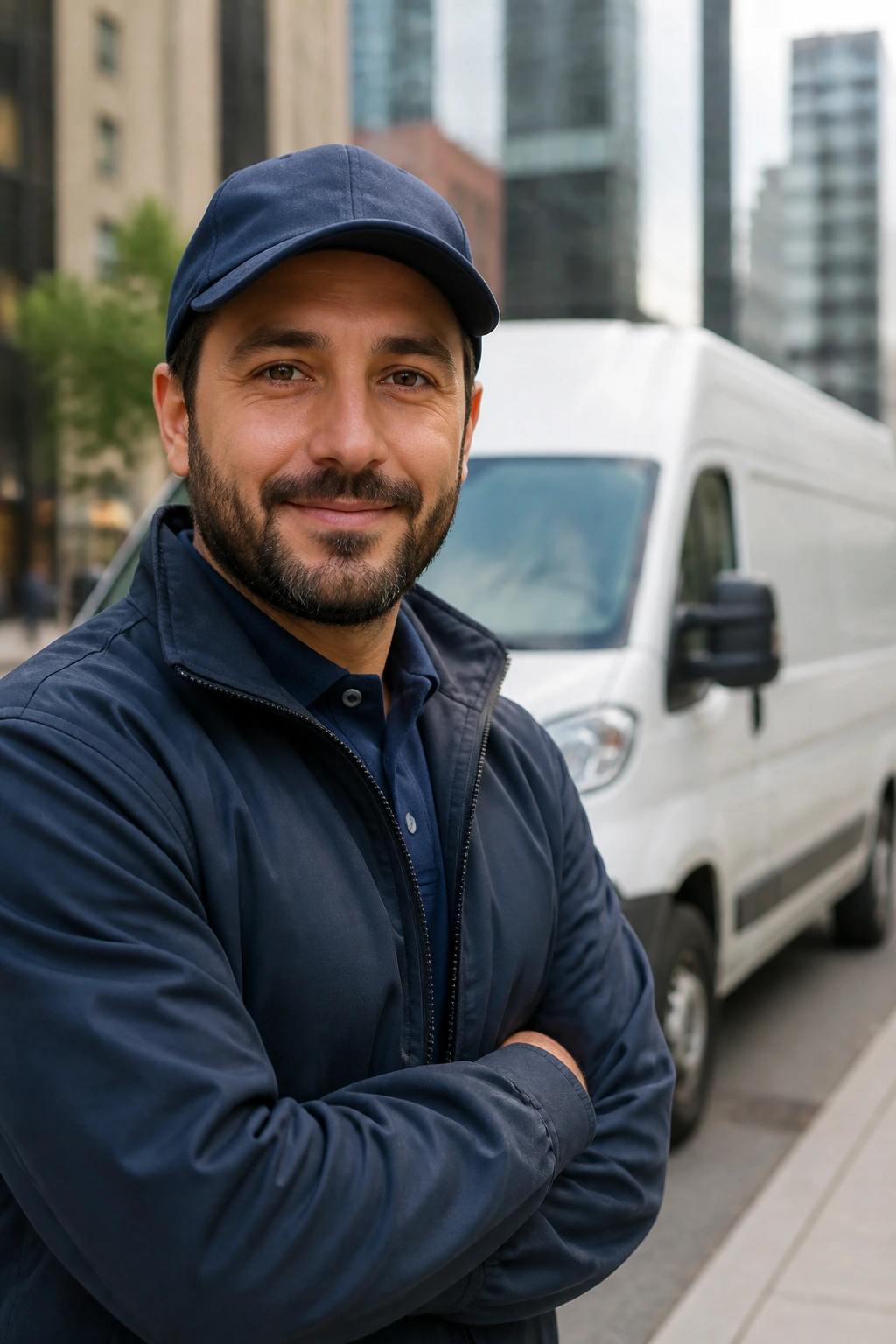 Portrait of a van driver in uniform with a cargo van in an urban street background