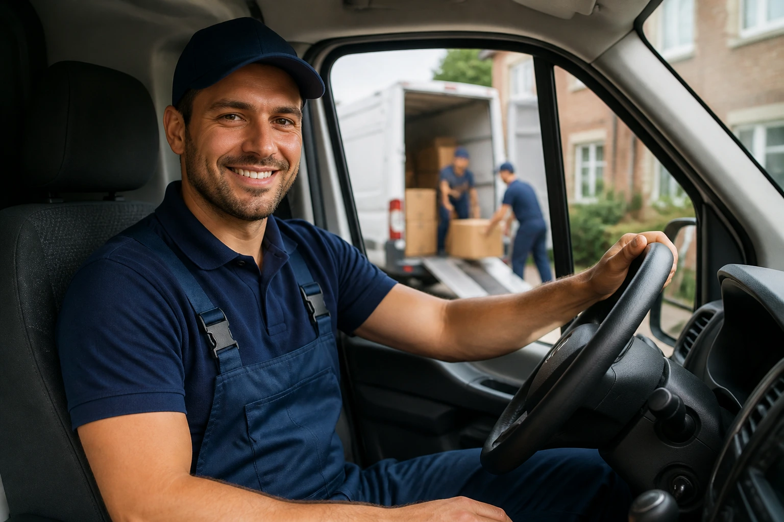 Removal driver portrait in cab highlighting licensing advantage