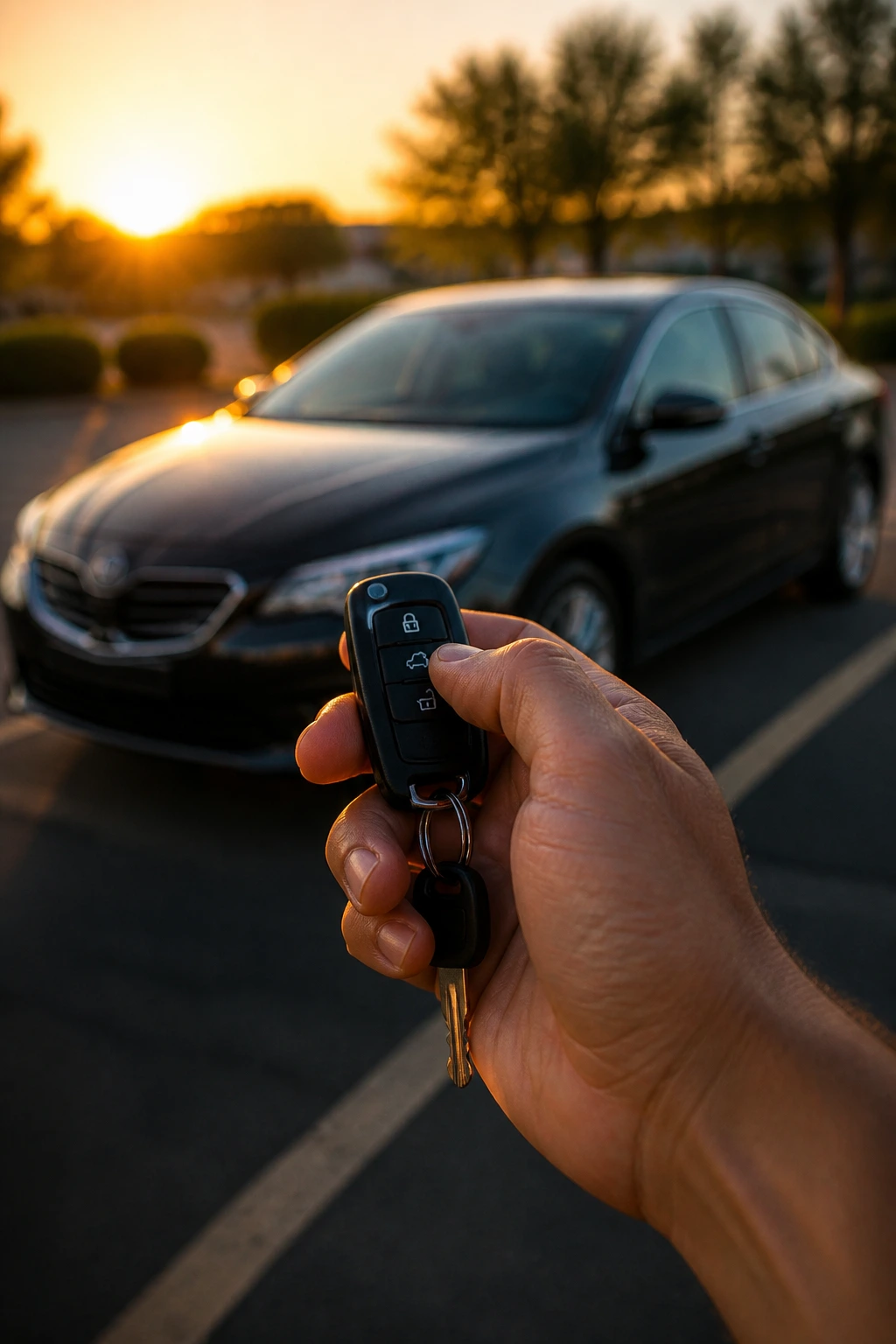 Close-up of a driver's hand holding a car key in a parking lot