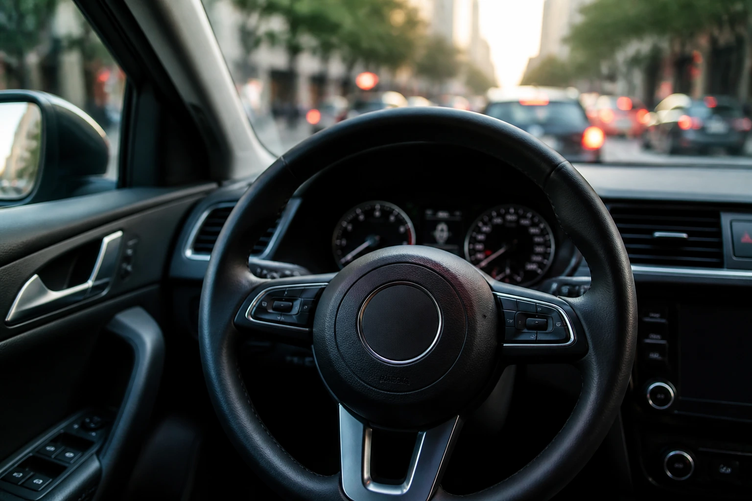 Car interior close-up with city street outside, implying policy context