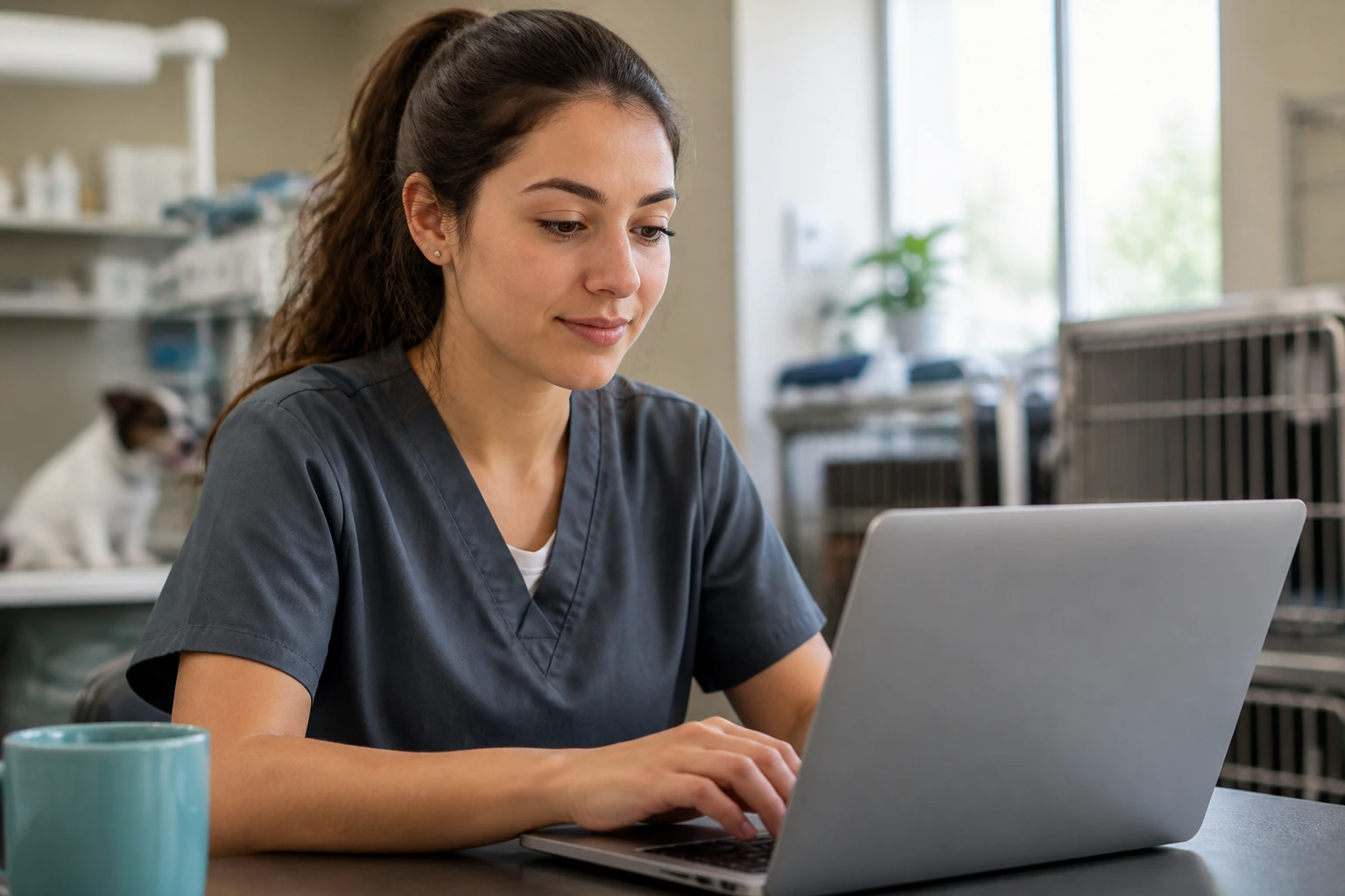 Portrait of a veterinary assistant job seeker at a laptop in a clinic