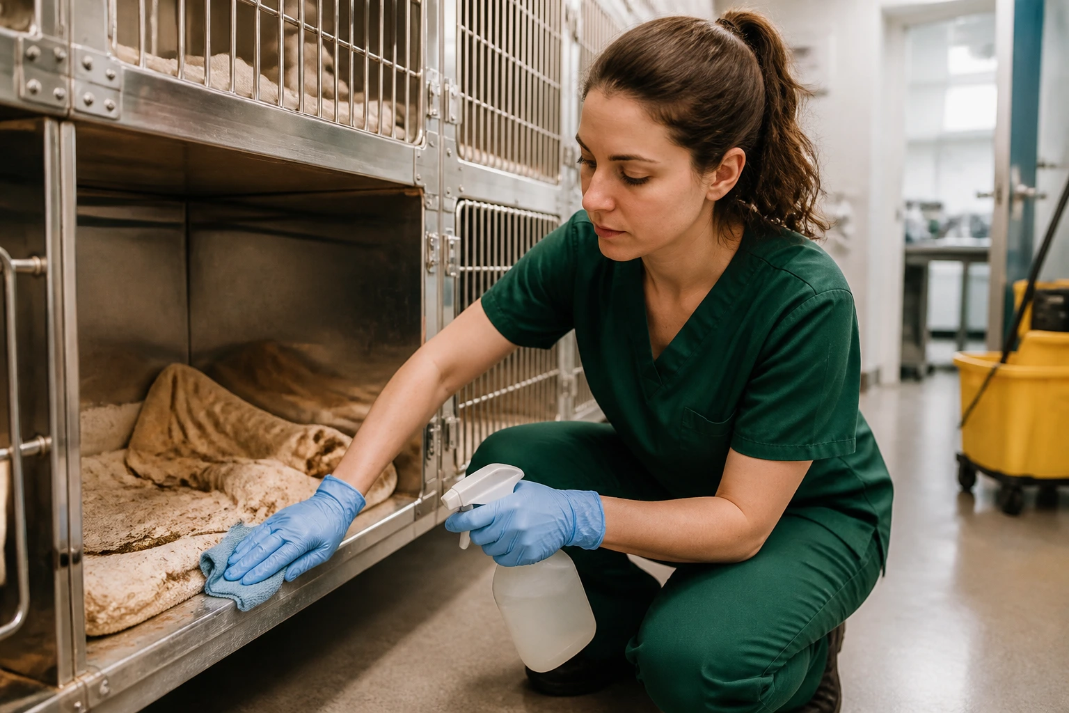Vet assistant cleaning kennels in a clinic