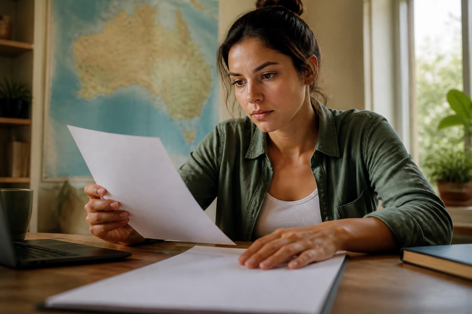 Person examining a contract-like document in a home office