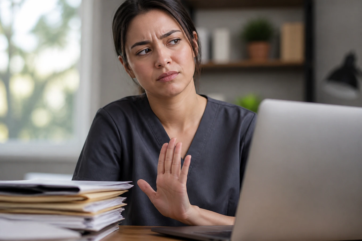 Person showing skepticism toward a risky job offer in a home office