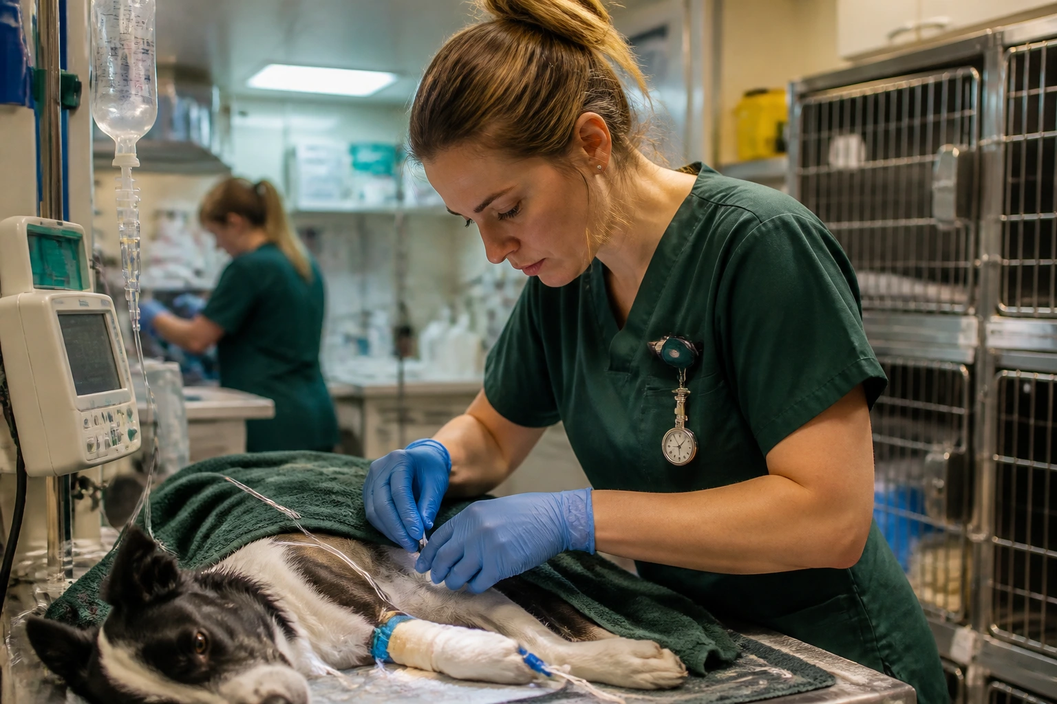 Close-up of a real veterinary nurse in scrubs at a treatment bench in a busy clinic