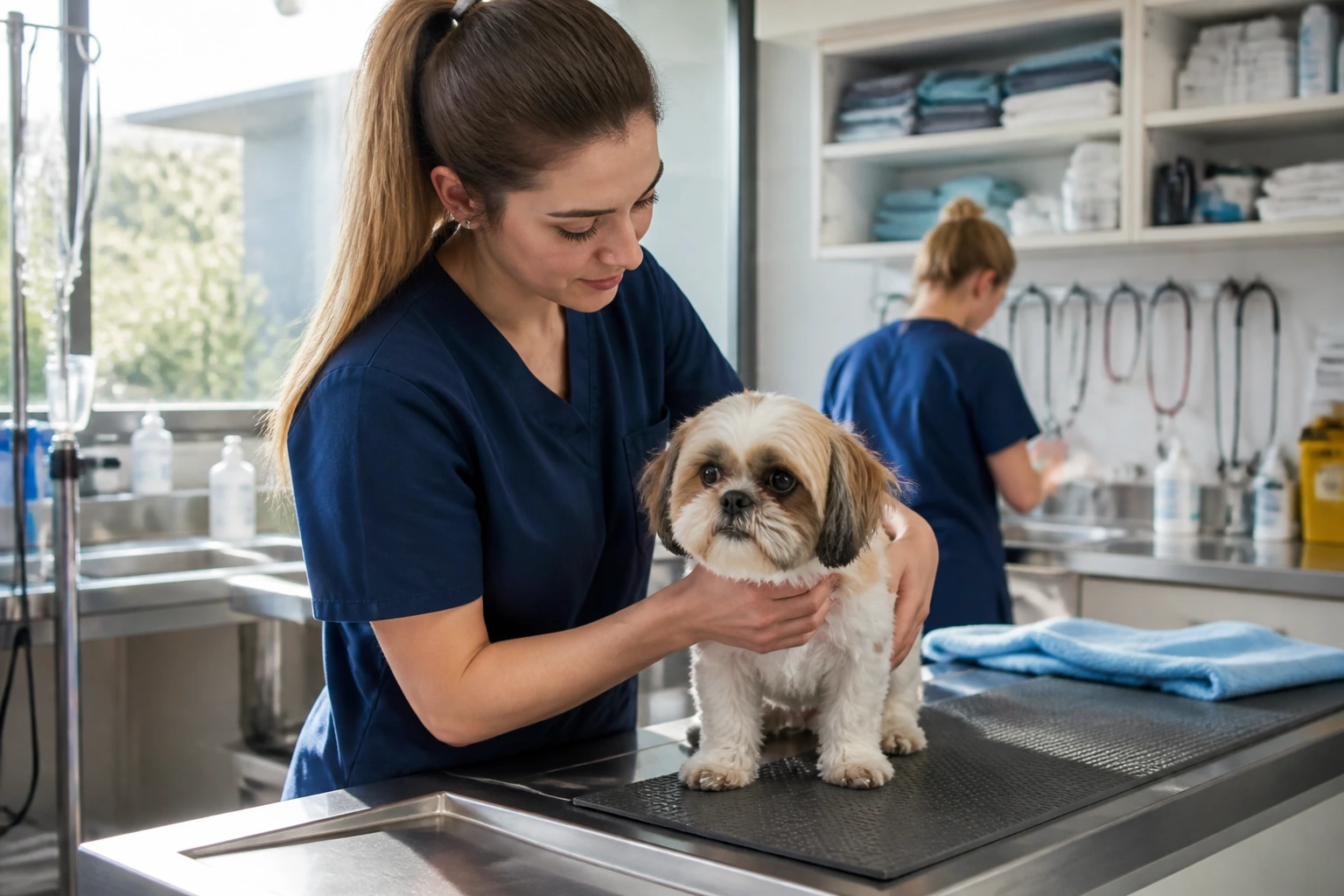 Close-up of a veterinary assistant restraining a small dog in a busy Australian clinic