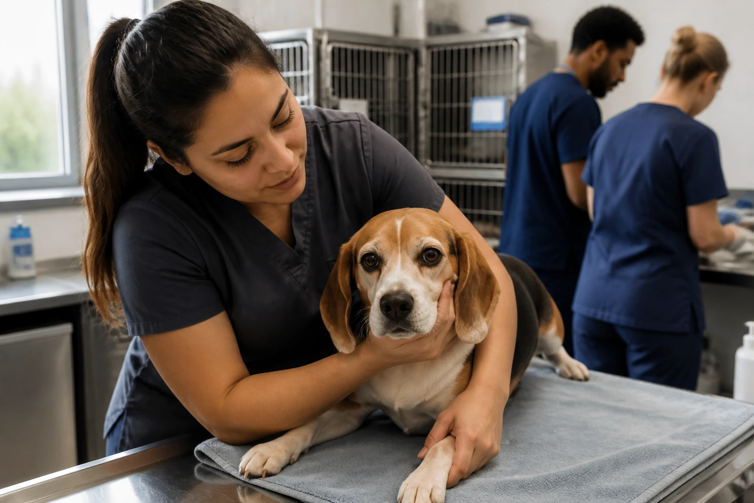 Close-up of a veterinary assistant in a busy U.S. clinic performing hands-on care with animals in kennels in the background