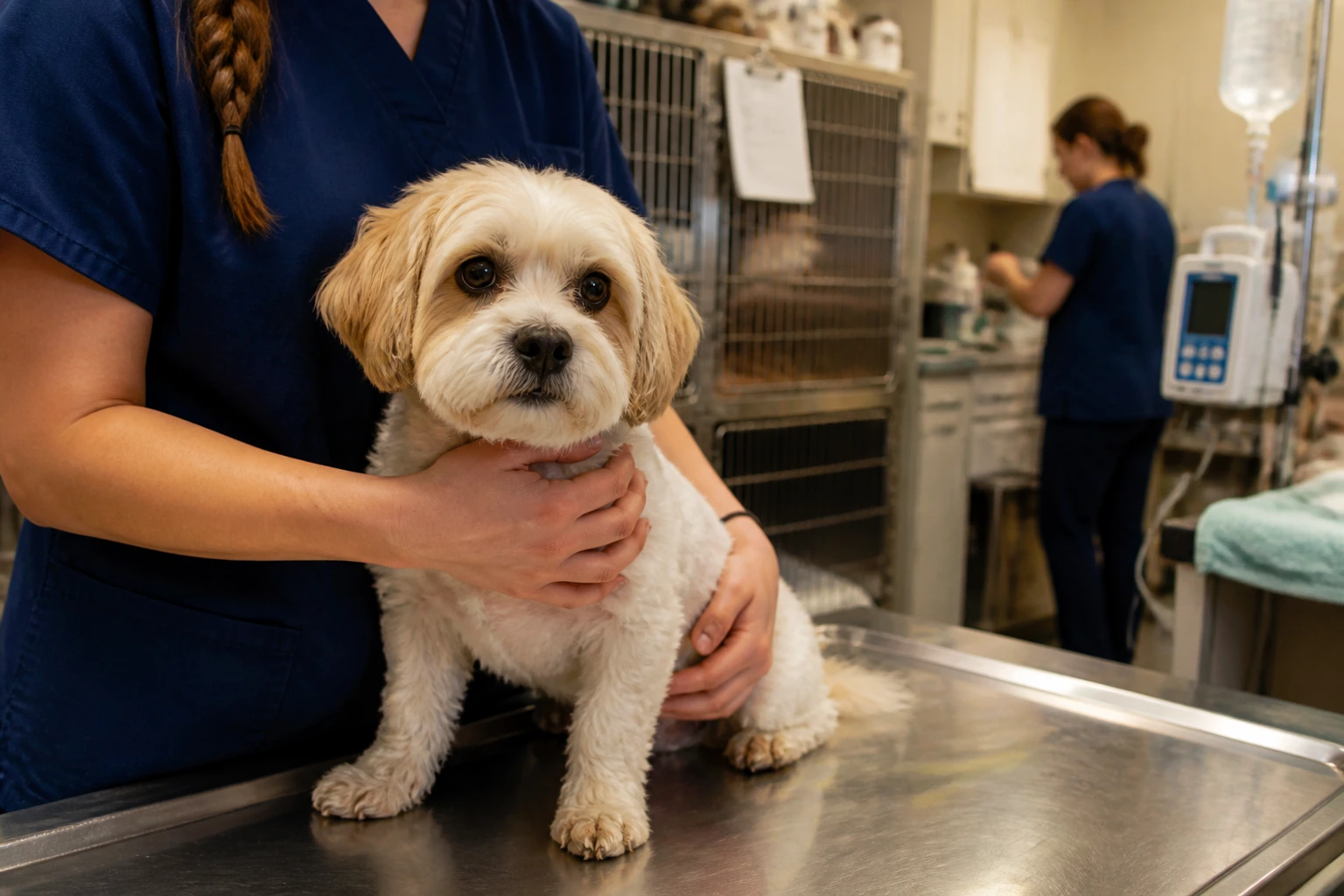 Close-up of a veterinary assistant restraining a small dog in a clinic exam room
