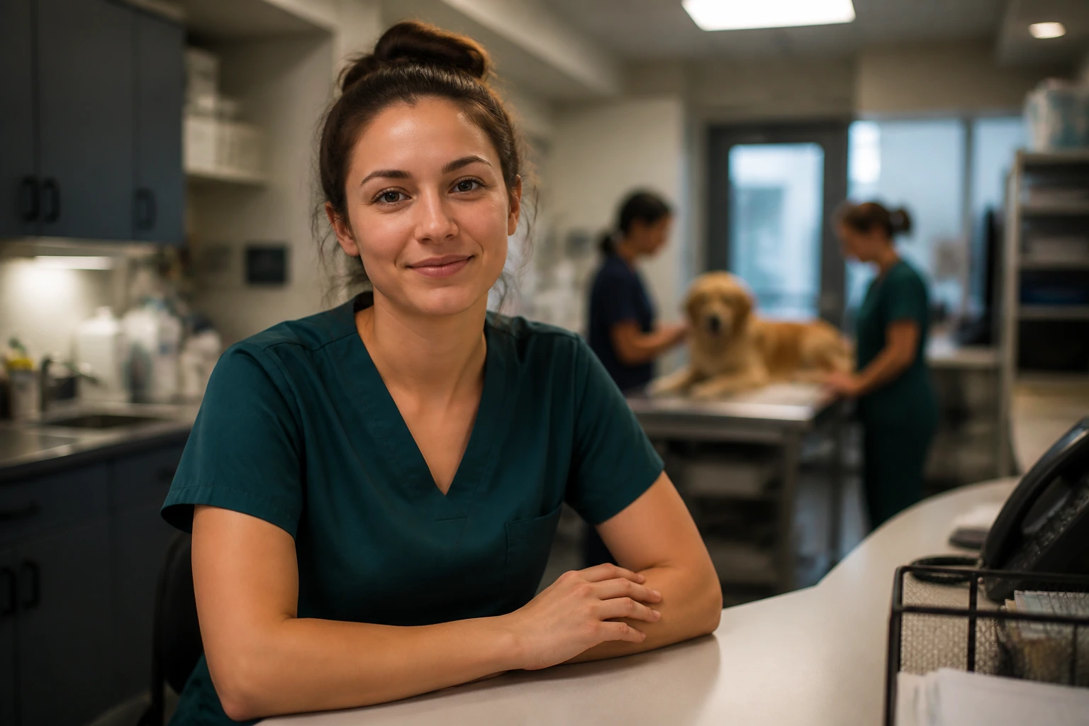 Veterinary assistant in a clinic, demonstrating readiness for varied shifts