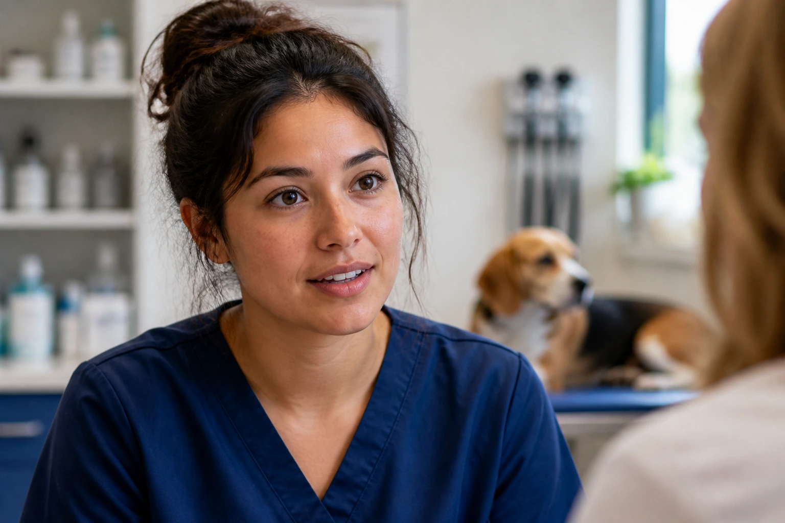 Close-up portrait of a veterinary assistant candidate during a clinic interview in the United States
