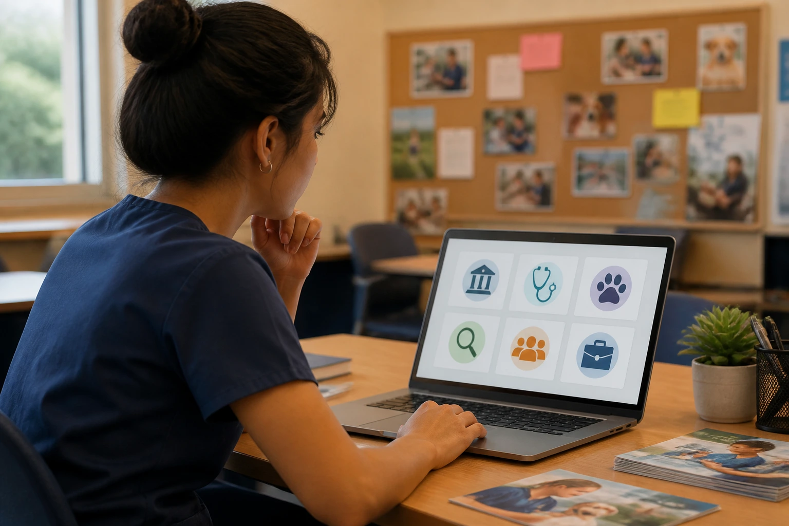 Person browsing veterinary job postings at a campus career center.