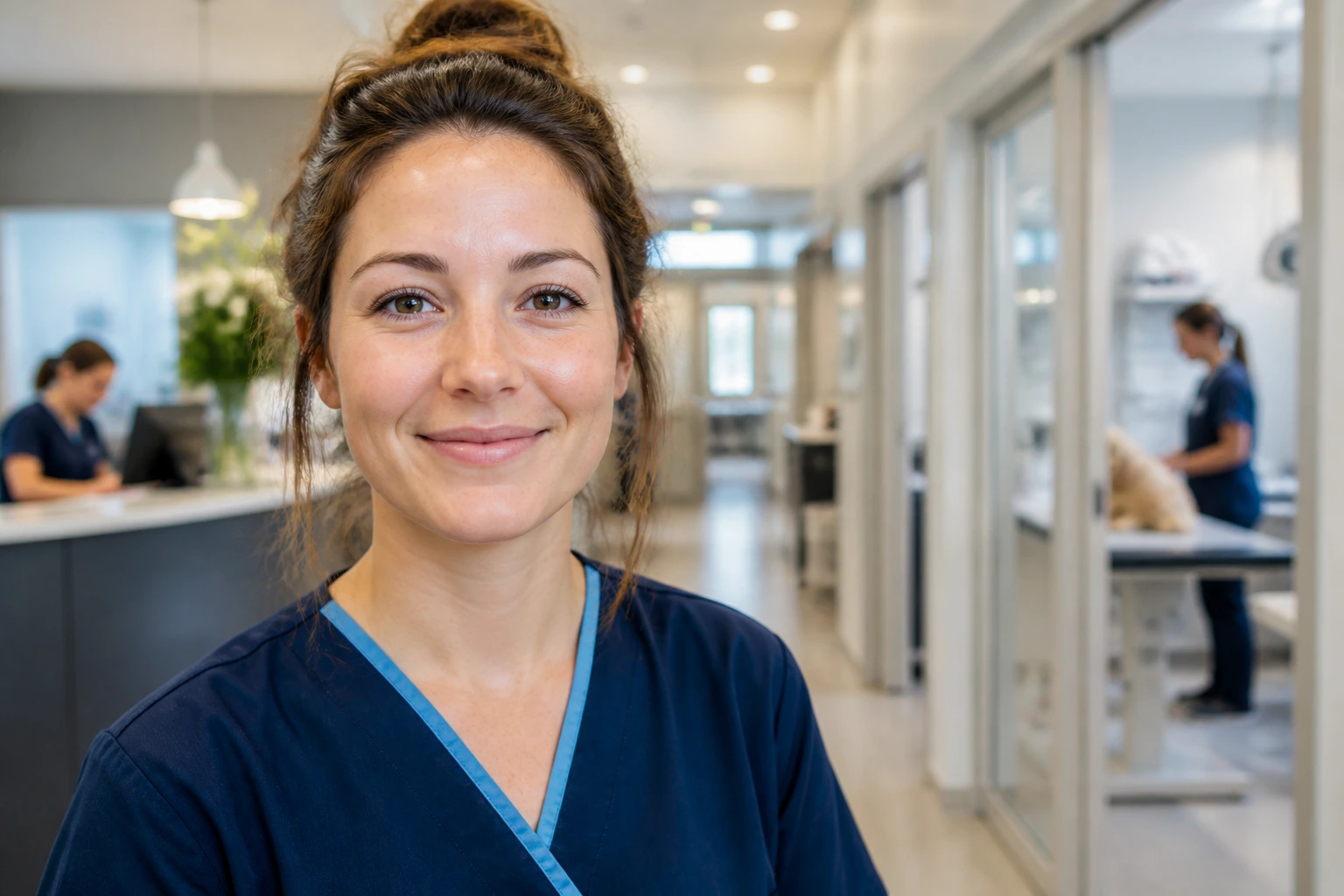 Portrait of a veterinary nurse in scrubs in a busy UK clinic seeking Skilled Worker sponsorship