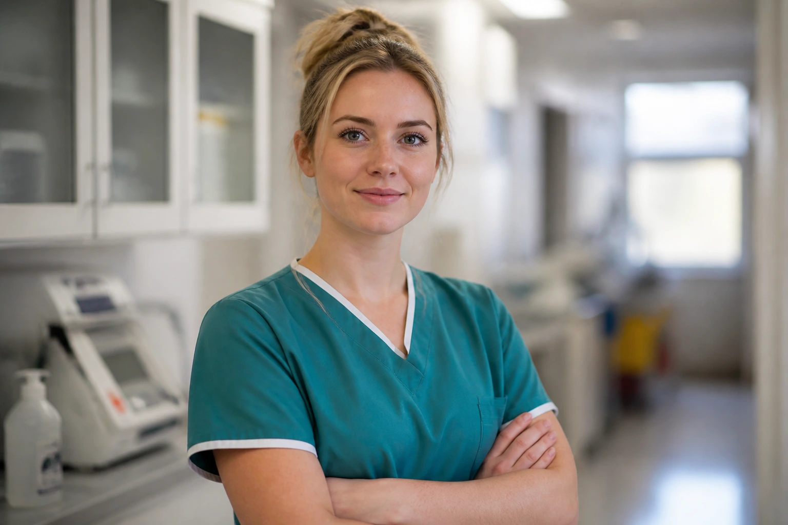 Portrait of a veterinary nurse in scrubs in a clinic corridor signaling career growth in the UK