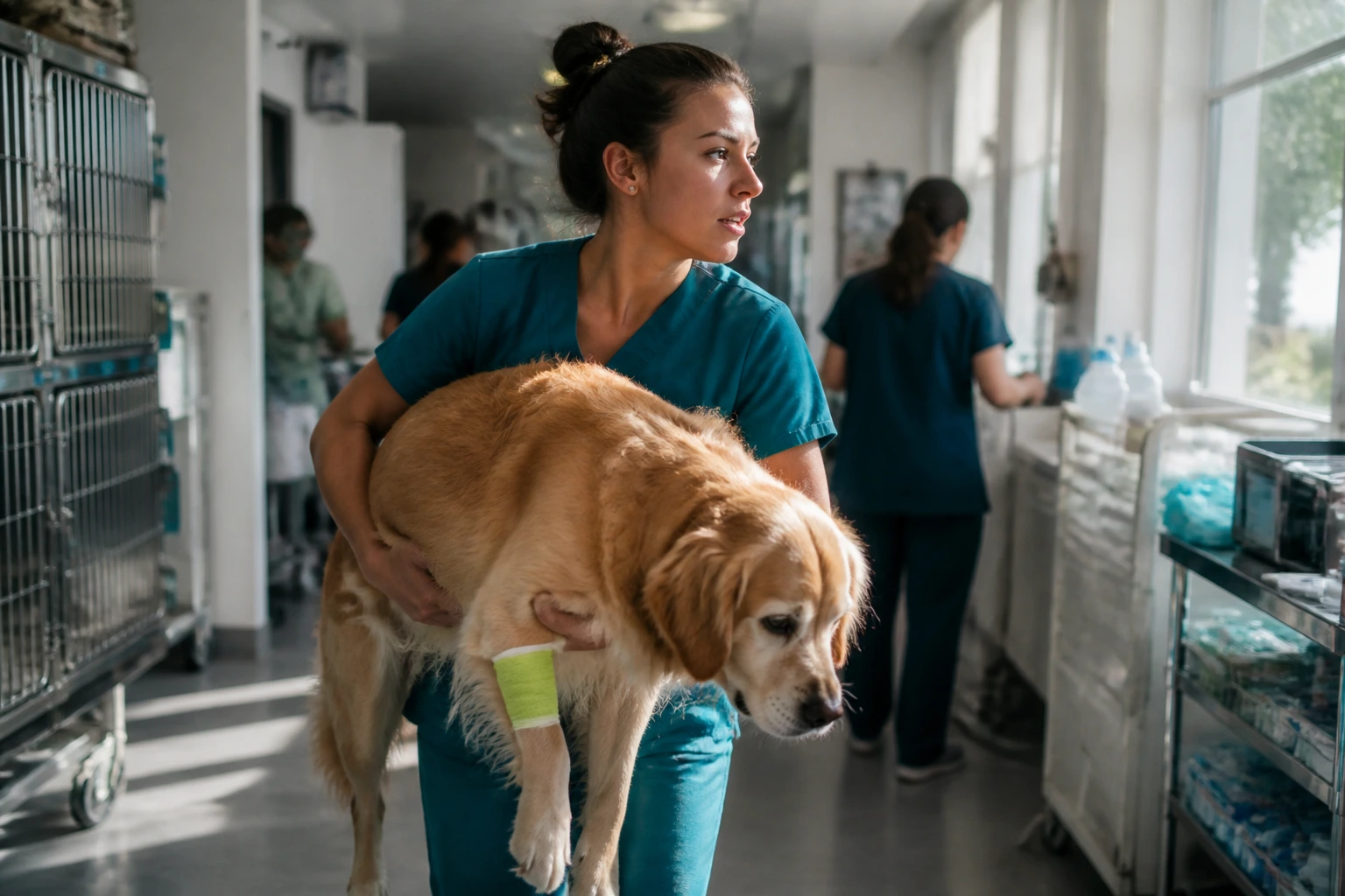Veterinary assistant in scrubs performing physical tasks in a clinic, illustrating workload and shifts