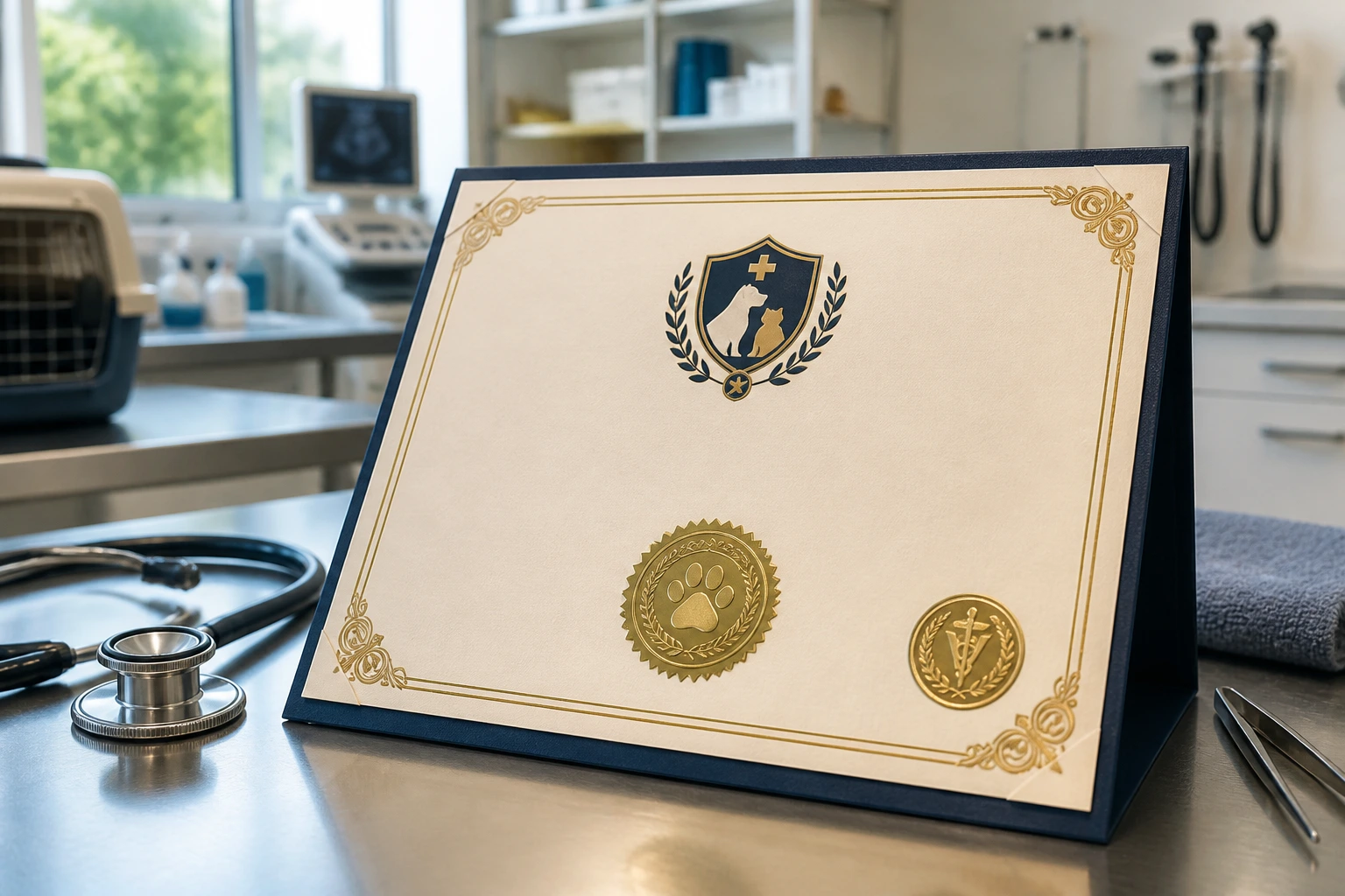 Decorative veterinary qualification certificate on a clinic desk, with blurred equipment in the background.