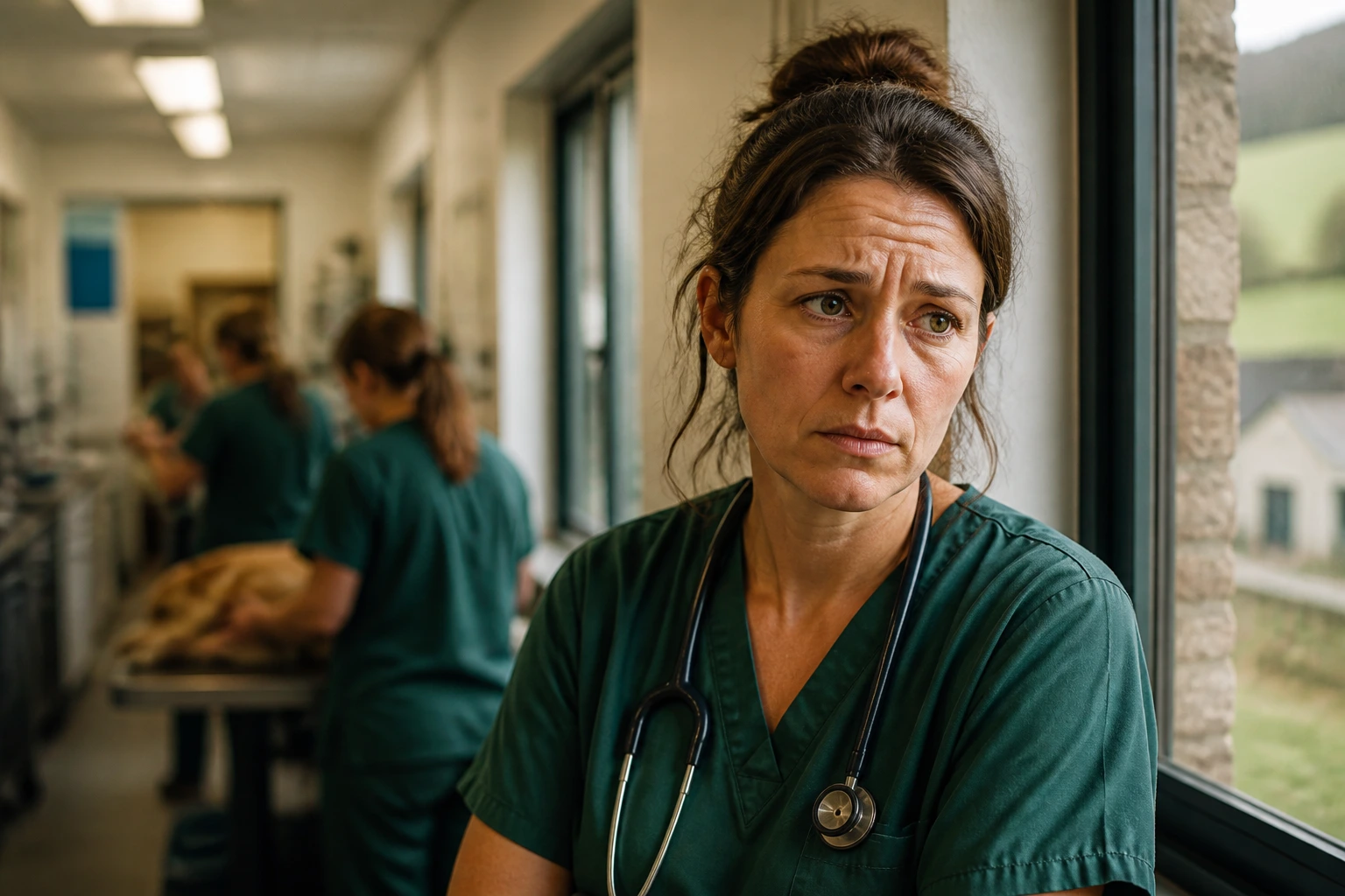 Close-up portrait of a veterinary surgeon in a rural UK clinic, representing veterinary shortage realities.