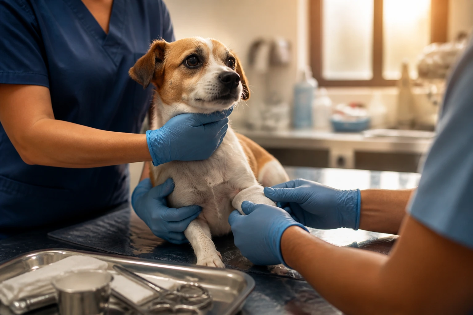 Close-up of gloved hands restraining a small dog in a clinic exam room.