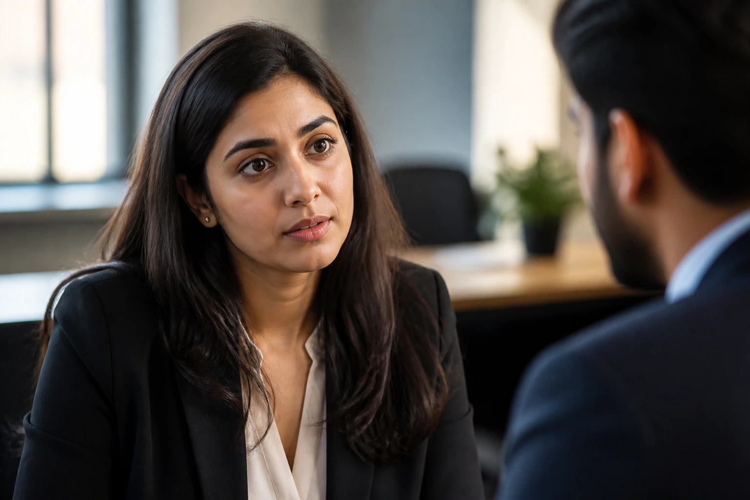 Close-up portrait of a client evaluating a solicitor in a modern office setting