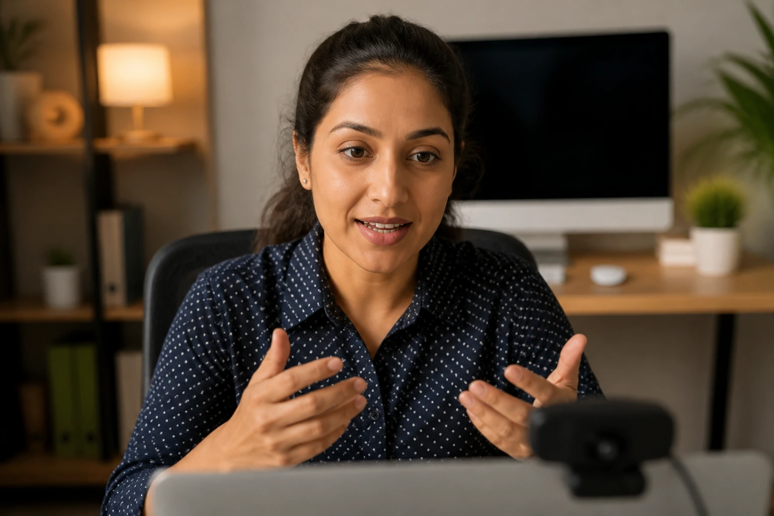 Person on video call in a home office speaking to a webcam