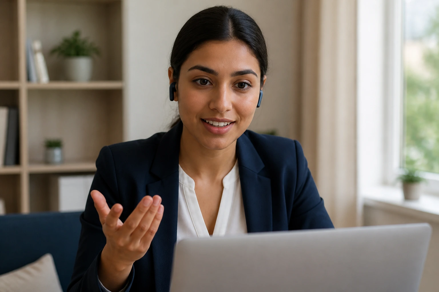 Close-up portrait of a professional on a video call from a home office