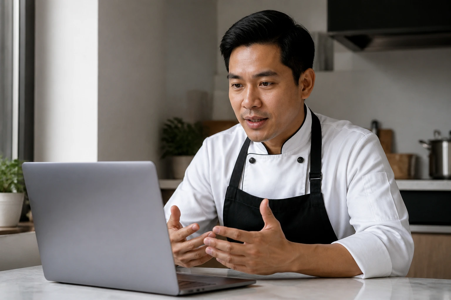 Medium close-up of a chef during a video interview in a clean kitchen