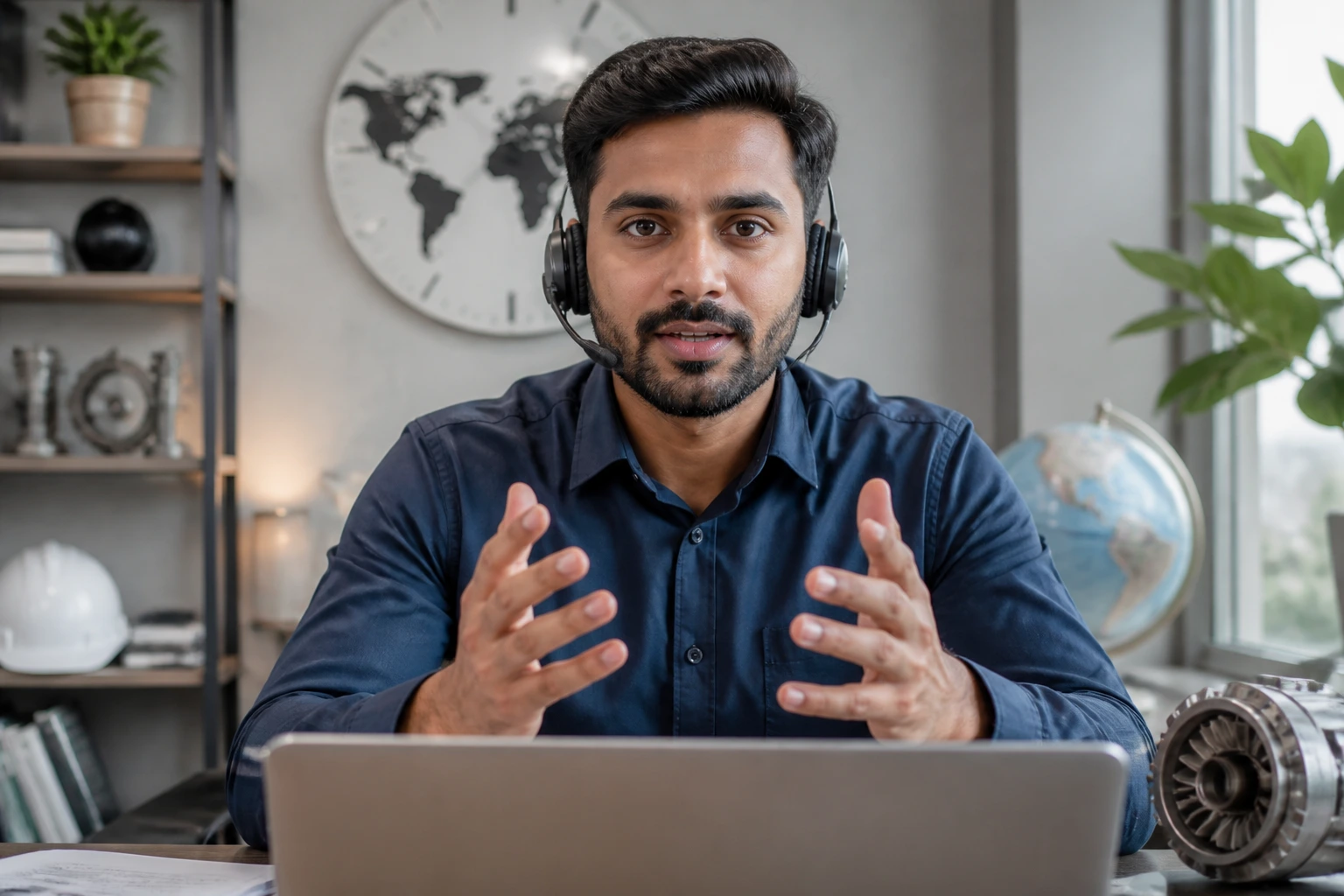 Portrait of a professional engineer during a video interview at home with world clock background