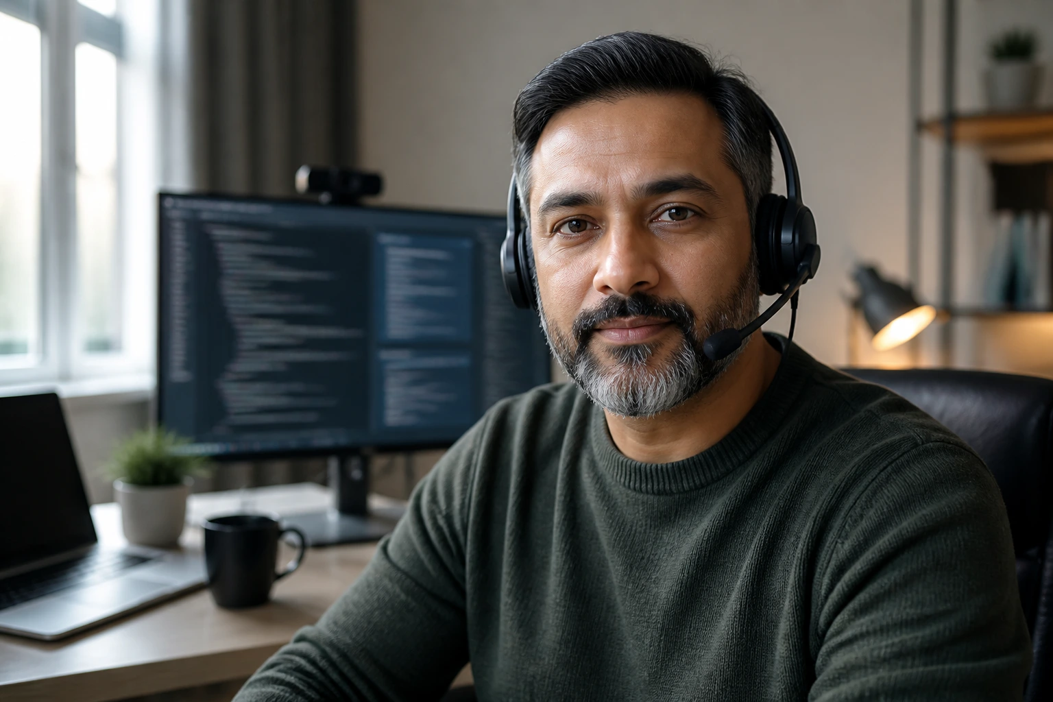 Senior cybersecurity professional on video interview from a home office.