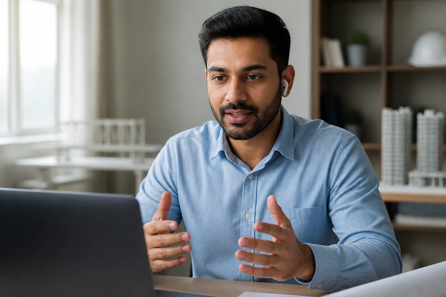 Engineer in video interview setup with calm professional demeanor